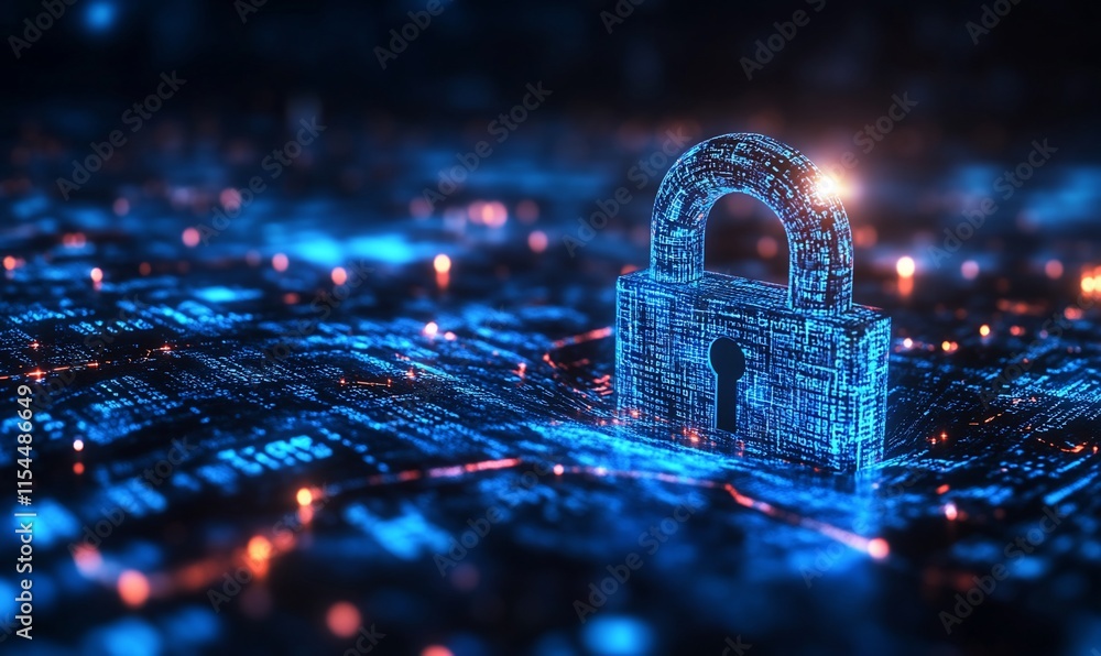 Poster a digital padlock representing cybersecurity amidst a network of data.