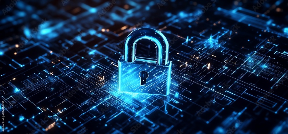 Poster a digital padlock representing cybersecurity and data protection in a tech landscape.
