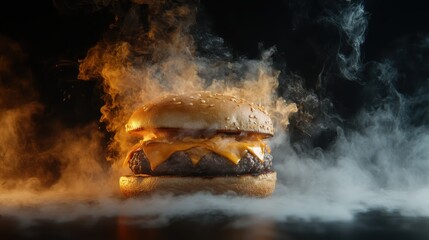Fototapeta premium A delicious gourmet cheeseburger topped with melted cheese, emanating a smoky aroma that tantalizes the senses, set against a dramatic smoky backdrop.