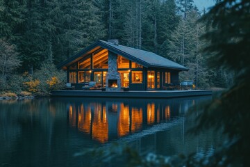 Fototapeta premium Secluded lake house at dusk, reflecting lights in calm water, surrounded by lush forest.