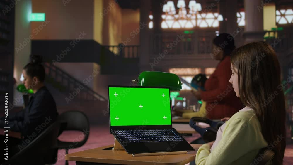 Poster focused schoolgirl engaged in academic tasks with green screen at a library, working on school assig