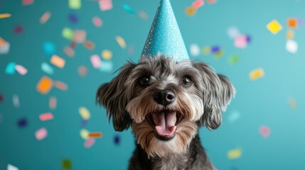 A cute dog beaming with joy while wearing a blue party hat, cheerfully surrounded by colorful confetti, exuding excitement and festive vibes.