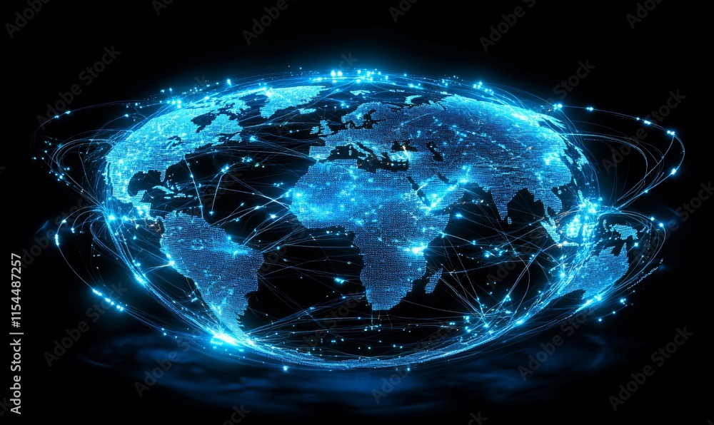 Poster a digital representation of a global network with interconnected data points.