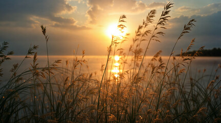 Golden sunlight gently filters through the dense canopy of trees, casting a warm, radiant glow on a vibrant field filled with blooming daisies