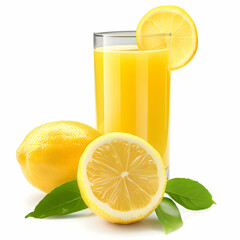 Freshly Squeezed Lemonade in Glass with Lemon Slice and Leaves