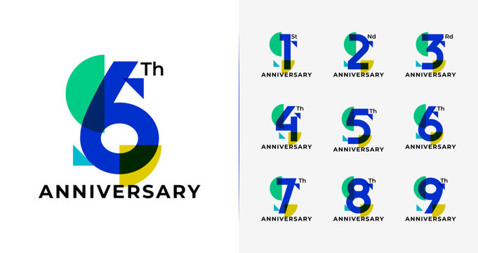 Set of anniversary logo design. Birthday number with abstract, geometric, and colorful concept