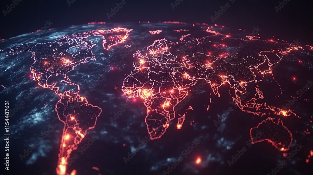 Poster a digital representation of a world map with glowing connections and data points.