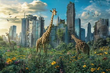 Obraz premium A blockbuster movie poster of urban wildlife specialists rewilding cities, green overtaking concrete, nature drama