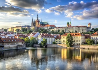 Fototapeta premium Prague's breathtaking panorama: Castle, Vltava River, and cityscape majesty unfold.