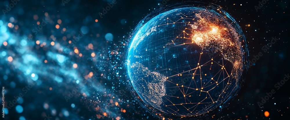 Poster a digital representation of earth connected by networks and glowing lights.