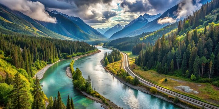 A winding river flows through a valley surrounded by lush green forests and majestic mountains with snow-capped peaks under a dramatic cloudy sky.