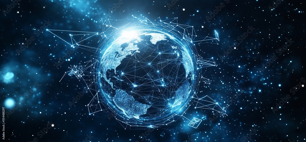 Poster a digital representation of earth connected by glowing networks in space.