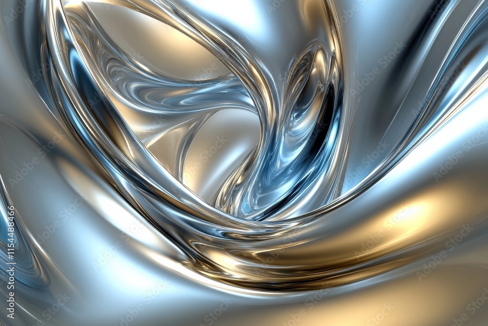 Poster abstract 3d design featuring smooth metallic curves and reflections in a fluid composition of silver