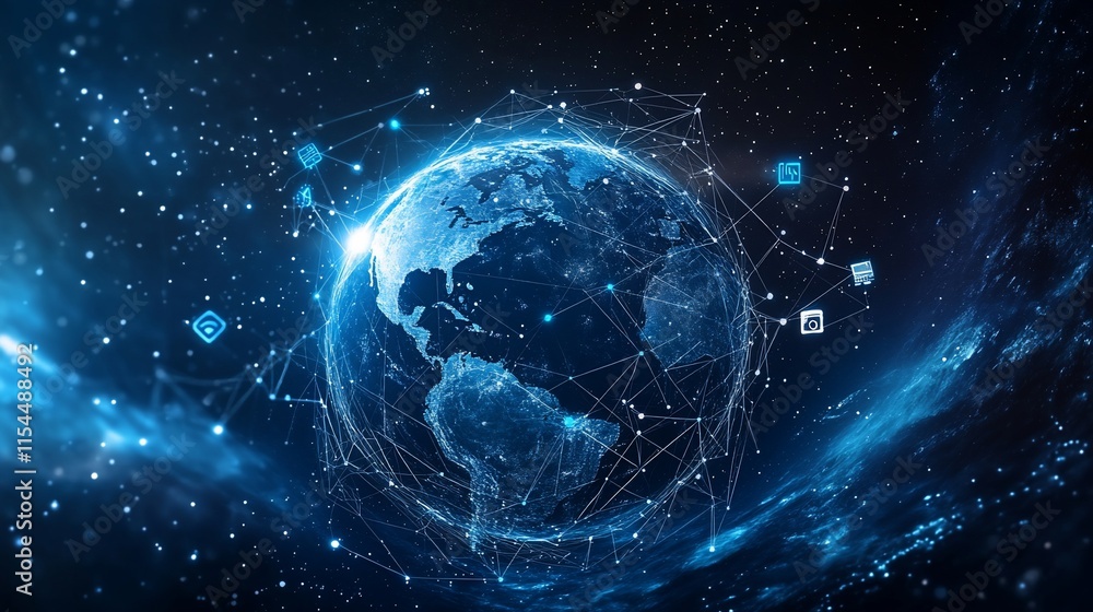 Poster a digital representation of earth connected by a network of data points.