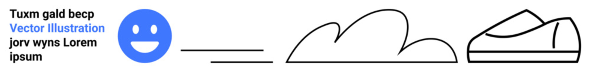 happy face with text captions, three parallel black lines, wavy shape, geometric object. Ideal for technology, text-based designs, education, simplicity, minimalism, modern art, digital themes