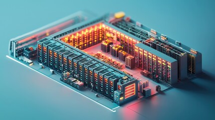 3D illustration of a data center floor plan, showcasing rows of server racks in a detailed isometric view.