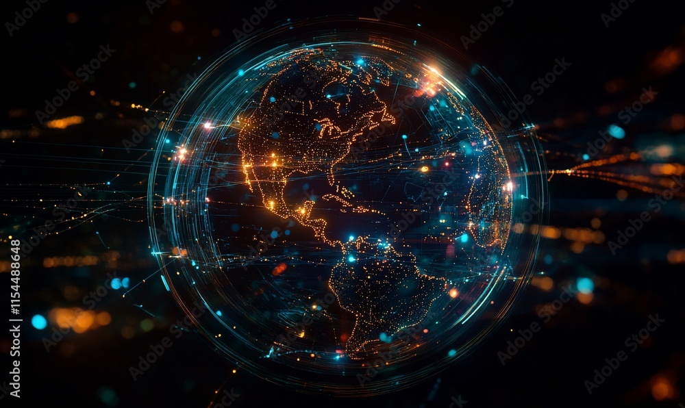Poster a digital representation of earth with glowing connections and data streams.