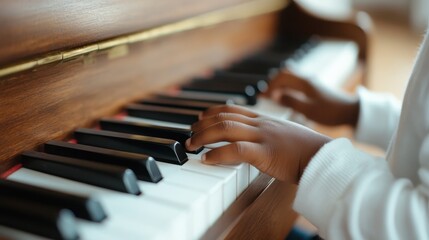 Obraz premium This close-up image highlights a child’s hands gracefully playing the black and white keys of a piano, embodying the spirit of learning and musical expression.