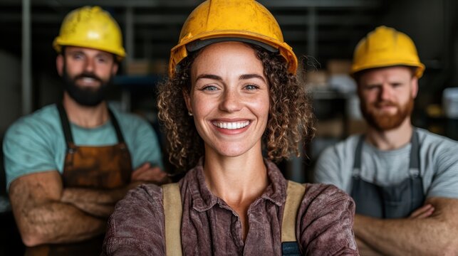 A hardworking woman wearing a construction hardhat smiles charismatically at the camera, with two colleagues standing supportively in the industrial background.