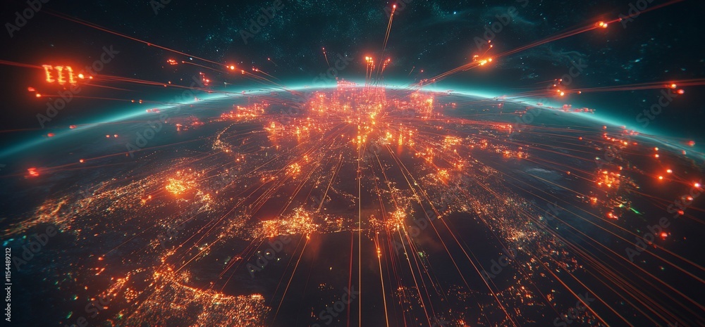 Poster a digital visualization of earth with glowing data points and connections.