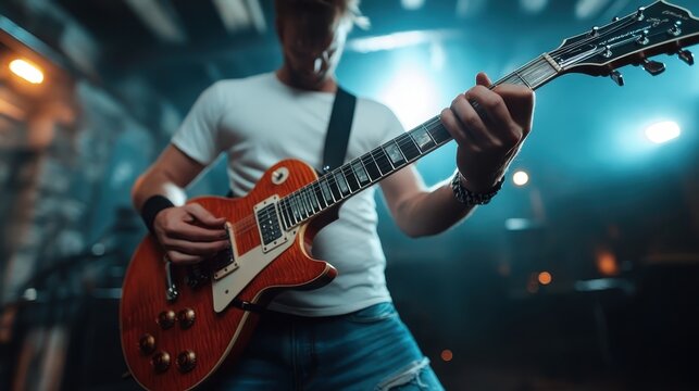A musician dressed in casual attire and ripped jeans plays an electric guitar under a striking blue spotlight, showcasing a relaxed yet intense musical moment.