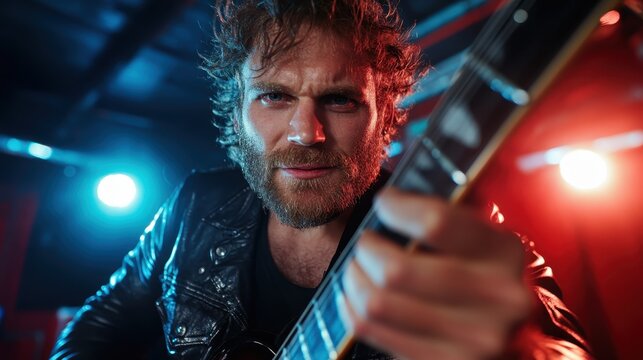 A close-up of a gritty rocker with piercing eyes and wild hair as he focuses intensely on playing his guitar, showcasing the raw spirit of rock music.