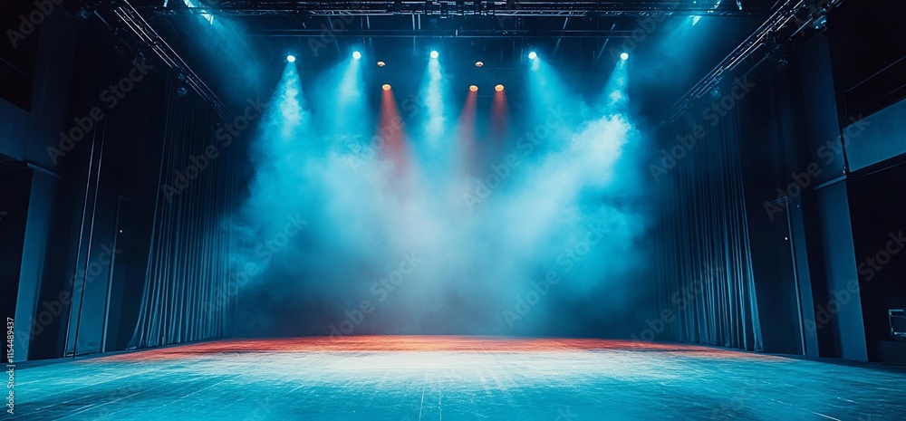 Poster a dimly lit stage with blue and red lights, creating an atmospheric performance space.