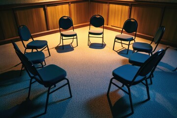 Fototapeta premium A group therapy circle of empty chairs, wide-angle composition, warm interior lighting