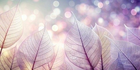 Delicate, translucent leaves with intricate veins, illuminated by soft, ethereal light, against a blurred background of pastel hues.