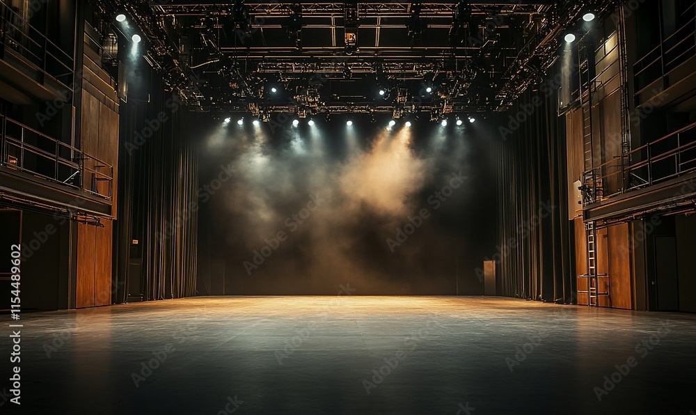 Poster a dimly lit stage with soft lighting, ready for a performance or event.
