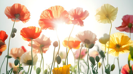 Fototapeta premium A close-up shot of flowers like poppies or daisies with sunlight streaming through their petals, highlighting their vib
