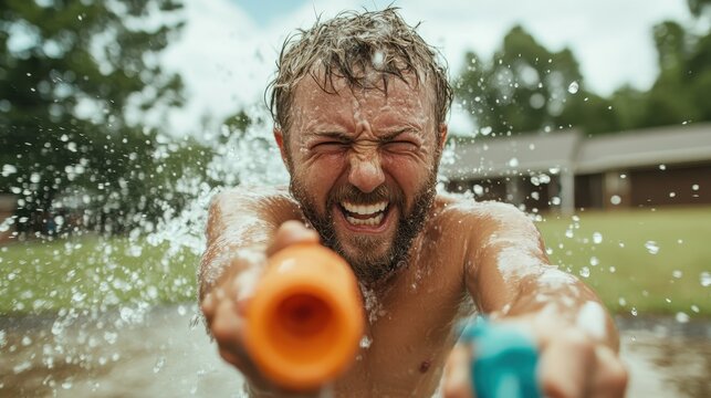 An image of a man holding two water guns, laughing joyfully in the midst of an engaging and playful water battle on a sunny day in open spaces.