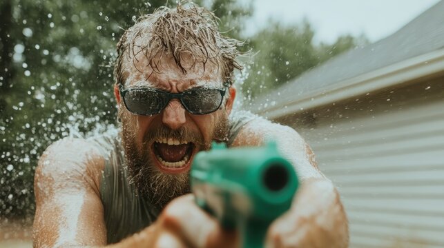 Bearded man wearing sunglasses sprays water with delight, capturing a moment of playful exuberance during an outdoor water battle on a bright sunny day.
