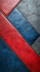 Naklejka premium Textured leather background with red, blue, and gray panels, stitched pattern for modern design and decoration.