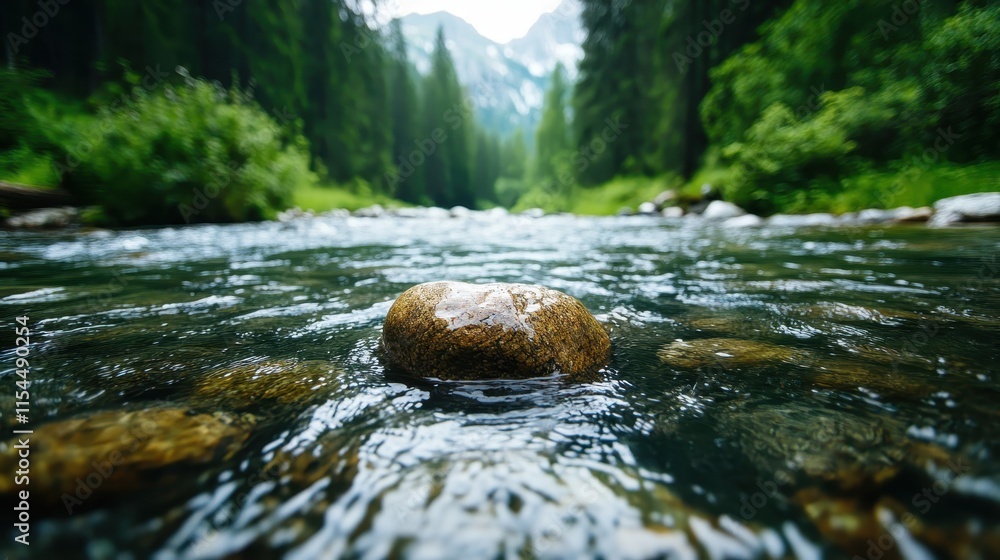 Poster a serene mountain stream flows over rocks with vibrant green trees and distant snowy peaks, creating