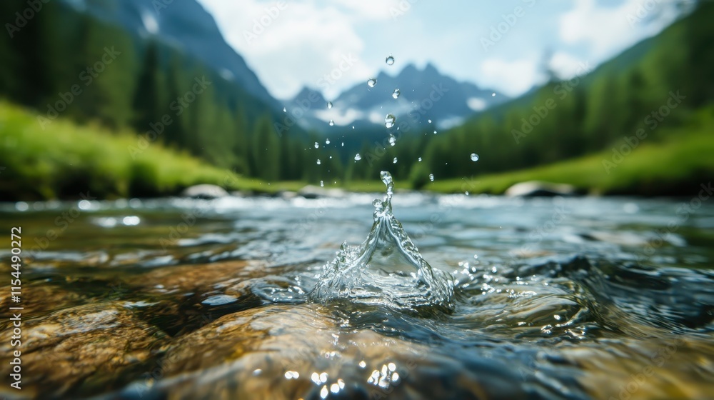 Poster a dynamic water splash captured in a mountain stream surrounded by lush trees and distant peaks unde