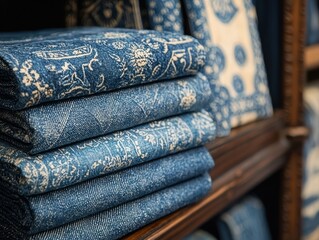 A close-up of blue jeans displayed neatly, showcasing their rich texture and timeless appeal in a stylish wardrobe setting.