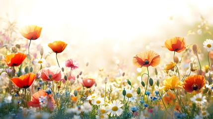 Obraz premium A meadow filled with wildflowers like poppies and daisies bathed in golden sunlight