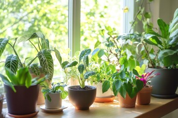 Fototapeta premium A peaceful home office with plants, environmental portrait, natural window lighting