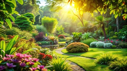 Obraz premium A winding stone path through a lush garden illuminated by the golden rays of the morning sun, with vibrant blooms and verdant foliage creating a serene and enchanting landscape.