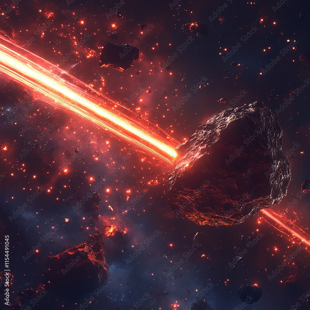 Poster asteroid collision event with laser beams deep space sci-fi visual cosmic environment dramatic persp