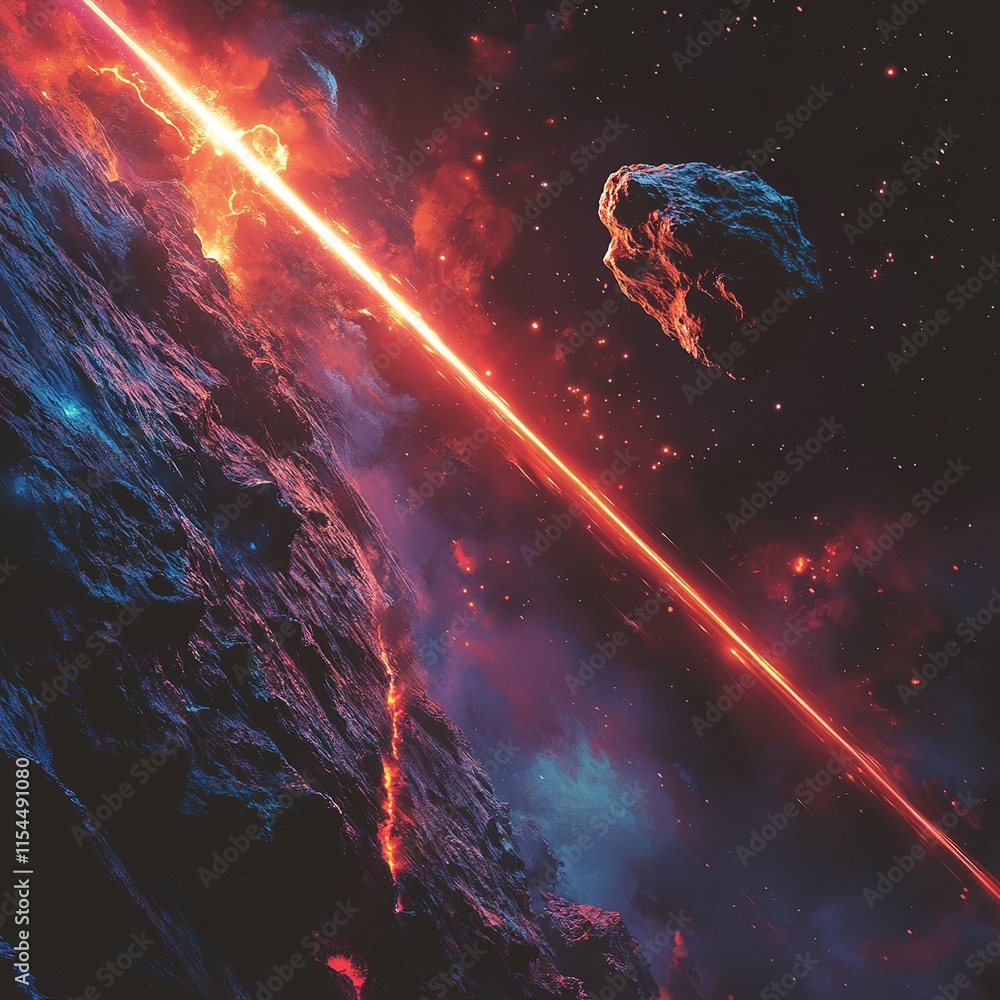 Poster asteroid collision event outer space digital art cosmic environment dynamic viewpoint cataclysmic co