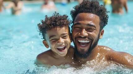This image captures a joyful father and son enjoying pool time, showcasing their happiness and bond in a bright, sunny setting with people in the background.