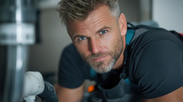 A skilled plumber, decked in gray gear, works diligently on a white kitchen pipe, demonstrating advanced techniques and commitment to quality plumbing service.