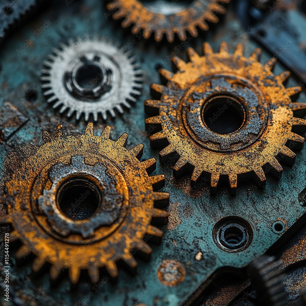 Poster industrial gear mechanisms workshop detailed close-up mechanical setting macro view engineering conc