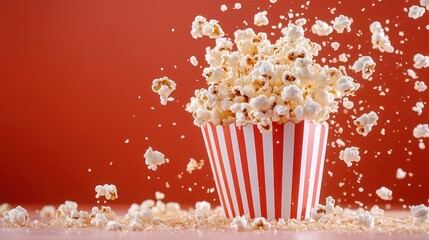 A powerful eruption of popcorn bursts out of a red-striped bucket, against a vivid red color backdrop, encapsulating a sense of celebration and motion.