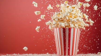 A dynamic shot of popcorn bursting out from a red and white striped bucket, captivating the viewer with its vibrant energy and classic snack imagery.