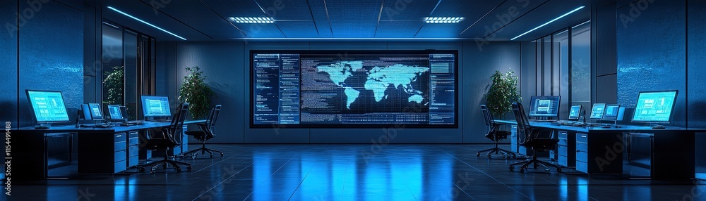 Poster monitoring cybersecurity threats high-tech control room digital command center modern environment fu