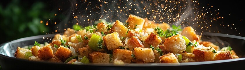 Crispy herb-infused croutons preparation kitchen culinary art cozy environment close-up view flavorful concept