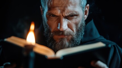 A monk with a stern expression studies an ancient book by candlelight in a shadowy setting, highlighting a blend of focus and mystical contemplation.